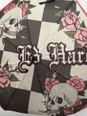 Ed Hardy Compact Folding Umbrella Skull Rose Check Black Pink White Tattoo